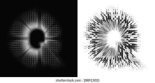 Vector abstract font with effect of flying apart and dissolving particles. Letter Q in two different styles