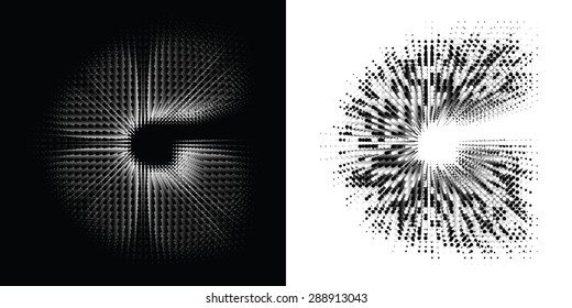 Vector abstract font with effect of flying apart and dissolving particles. Letter G in two different styles