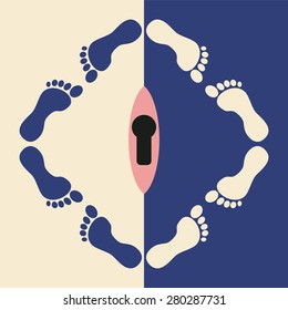 Vector abstract footprint with keyhole isolated on blue and pink background.