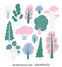 Vector abstract forest clip art with doodle trees. Isolated design elements. Hand drawn vector scandinavian tree collection.