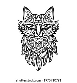 Vector abstract fox's head in ethnic style with patterns, coloring page for kids and adults, zenart