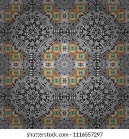 Vector abstract fractal kaleidoscope seamless pattern in blue, yellow and green colors. Geometrical symmetrical ornament.