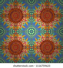 Vector abstract fractal kaleidoscope seamless pattern in blue, orange and yellow colors. Geometrical symmetrical ornament.
