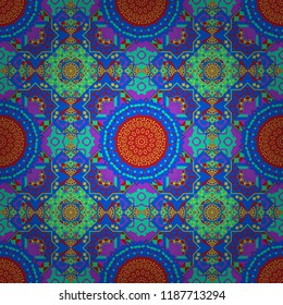 Vector abstract fractal kaleidoscope seamless pattern in red, green and blue colors. Geometrical symmetrical ornament.