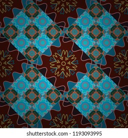 Vector abstract fractal kaleidoscope seamless pattern in green, brown and blue colors. Geometrical symmetrical ornament.