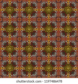 Vector abstract fractal kaleidoscope seamless pattern in gray, orange and brown colors. Geometrical symmetrical ornament.