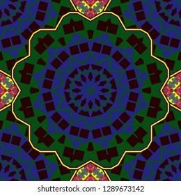 Vector abstract fractal kaleidoscope seamless pattern in violet, green and brown colors. Geometrical symmetrical ornament.