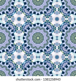 Vector abstract fractal kaleidoscope seamless pattern in blue, black and gray colors. Geometrical symmetrical ornament.