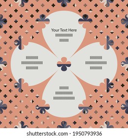Vector abstract Frame card template with small and large four leaf clover symbols. Regularly repeating shapes of flowers in retro style. Can be also used for seamless gift paper.