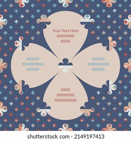 Vector abstract Frame card template with small and large colourful four leaf clover on blue. Regularly repeating shapes of flowers in retro style can be also used for seamless gift paper.