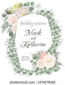Vector abstract frame with flowers. Beige roses, berries, Mimosa, green leaves, silver frame. Wedding invitation template. Greeting card.