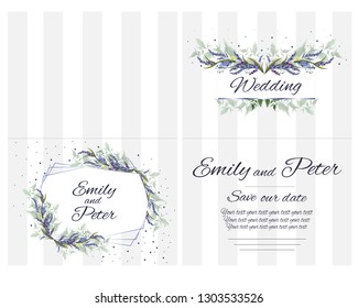 Vector abstract frame with flowers of lavender. Template for wedding invitation. All elements are isolated.