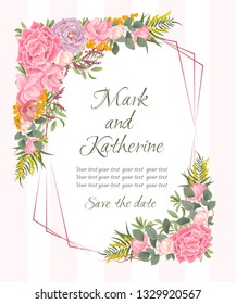 Vector abstract frame. Magnolia, roses, berries, Mimosa, different plants, green leaves. Template for wedding invitation. All elements are isolated.