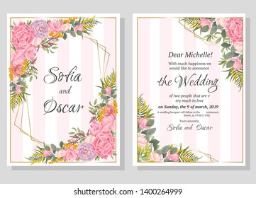 Vector abstract frame. Magnolia, roses, berries, Mimosa, different plants, green leaves. Template for wedding invitation. All elements are isolated.