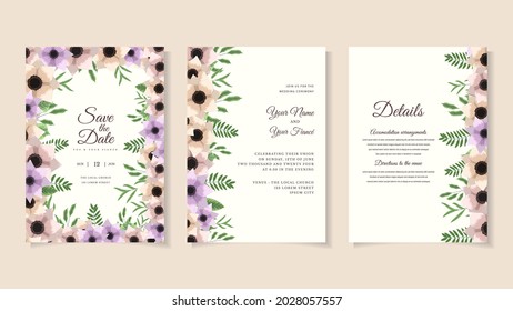 Marco abstracto vectorial para matrimonio plantilla de tarjeta de invitación a boda con follaje romántico de tendencias de hermosas flores, hojas, ramas.Guardar la fecha, RSVP, tarjetas de agradecimiento, saludo de diseño de portada