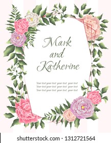 Vector abstract frame. Rose, ivy, green leaves. Template for wedding invitation. All elements are isolated.
