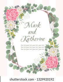 Vector abstract frame. Rose, ivy, green leaves. Template for wedding invitation. All elements are isolated.