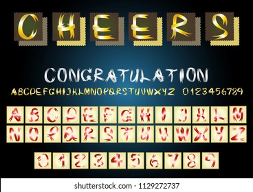 The vector of the abstract front idea from Ribbon gift Alphabet in the stamp, "CHEERS", "CONGRATULATION"