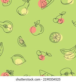 Vector abstract fruit pattern in doodle style. Drawn apples, pears, lemons, bananas and berries. Seamless backgrounds and textures.