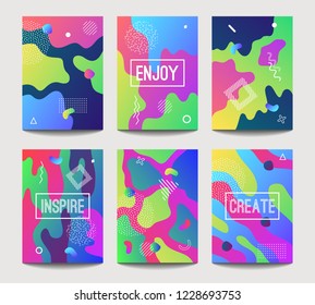 Vector abstract fun A4 brochure cover templates with modern liquid splashes of geometric shapes, lines and dots in trendy memphis style. 