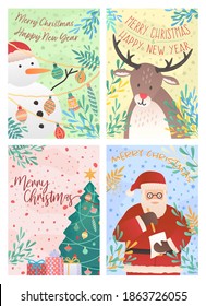 vector abstract fun christmas time cartoon illustration greeting cards template. backgrounds big collection set with snowman, deer, santa, and xmas elements isolated on white background