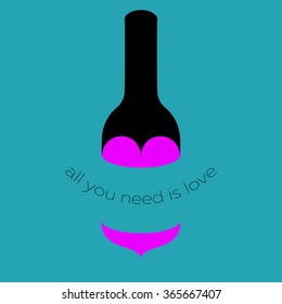 Vector abstract funny optical minimal valentines day greeting card or background. Bottle with divided heart in shape of female silhouette