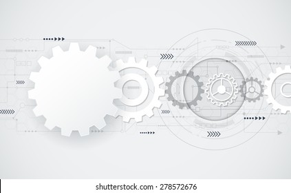 Vector abstract futuristic, 3d white paper gear wheel on circuit board. Illustration hi-tech, engineering, digital telecoms, technology concept with light grey color background