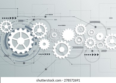 Vector abstract futuristic, 3d white paper gear wheel on circuit board. Illustration hi-tech, engineering, digital telecoms, technology concept with light grey color background