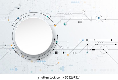 Vector Abstract Futuristic, 3d White Paper Circle Label And Circuit Board. Illustration High Tech Computer Technology Over Light Gray Color Background. Hi-tech Digital Technology Concept