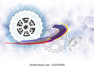 Vector abstract futuristic, 3d white paper gear wheel on circuit board. Illustration hi-tech, engineering, technology concept with light grey color background