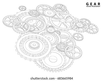 Vector abstract futuristic, 3d wireframe of gear wheel, engine gears wheels. technology concept.
