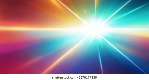 Vector abstract futuristic background. Bright radiant soft cosmic flash. Color smooth glow. Energetic cosmic star blast. Blurred neon flare. Light beams of laser. Color grid. Wallpaper