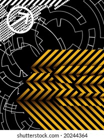 Vektorgrafik. Abstrakter futuristischer Hintergrund. Die Gestaltung der Bremsbänder und Techno-Elemente auf schwarzem Hintergrund.