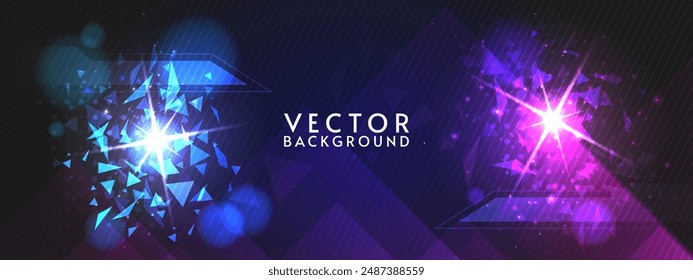 Vector abstract futuristic background. Rivalry concept. Blue with violet colors with blink. Dark backdrop with geometry elements and triangle shapes. 