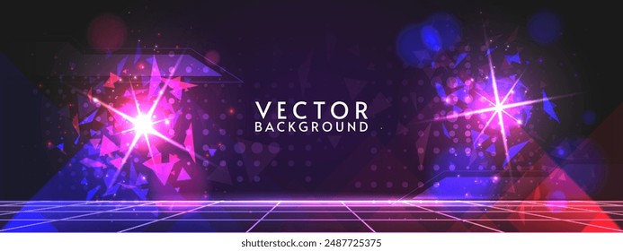 Vector abstract futuristic background. Rivalry concept. Blue with violet colors with blink. Dark backdrop with geometry elements and triangle shapes. 
