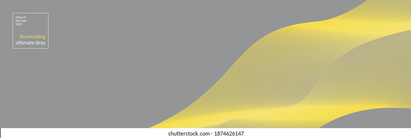 Vector abstract futuristic background in two colors of the year 2021. Ultimate gray and Illuminating yellow. The lines form waves. Banner, social media design. Copyspace.