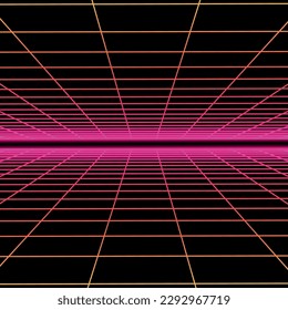 Vector abstract futuristic background with vision perspective. Retro design - fashion 80-90s. Color grid neon infinity surface with glowing effect