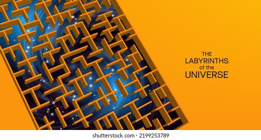 Banner de luz futurista abstracto vectorial. 3.º laberinto con galaxia espiral sobre fondo naranja. La inscripción, los laberintos del universo
