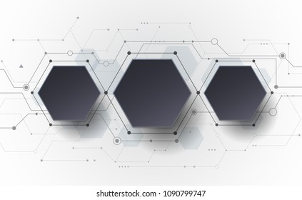 Vector Abstract futuristic circuit board on light gray background, hi-tech digital technology concept. Blank black 3d paper polygon label with space for your content, business, network and web design