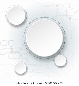 Vector abstract futuristic, circuit board on light gray background, Modern hi-tech digital technology concept. Blank white 3d paper circle label for your content, business,  engineering, web design
