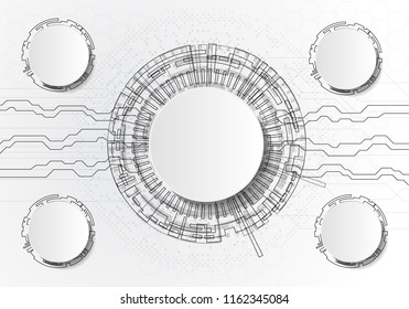 Vector Abstract futuristic circuit board on light gray background, hi-tech digital technology concept. Blank white 3d paper circle label with space for your content, business, network and web design