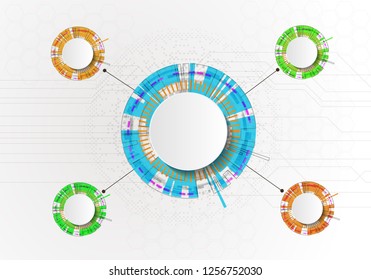 Vector Abstract futuristic circuit board on light gray background, hi-tech digital technology concept. Blank white 3d paper circle label with space for your content, business, network and web design