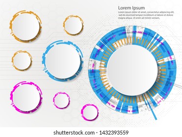 Vector Abstract futuristic circuit board on light gray background, hi-tech digital technology concept. Blank white 3d paper circle label with space for your content, business, network and web design