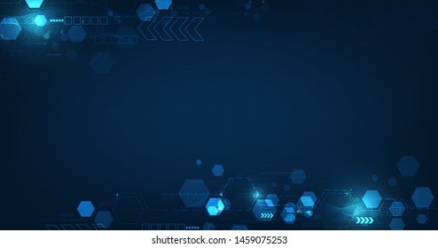 Vector Abstract Futuristic Circuit Board And Hexagons ,Hi-tech Digital Technology And Engineering, Digital Telecom Concept On Dark Blue Color Background.