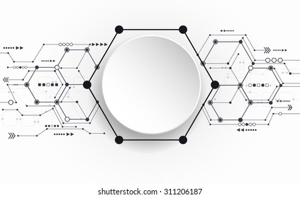 Vector Abstract futuristic circuit board on light gray background, hi-tech digital technology concept. Blank white 3d paper circle label with space for your content, business, network and web design

