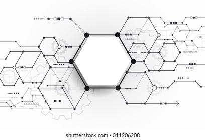 Vector Abstract futuristic circuit board on light gray background, hi-tech digital technology concept. Blank white 3d paper polygon label with space for your content, business, network and web design