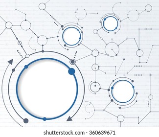 Vector Abstract futuristic circuit board on light gray background, hi-tech digital technology concept. Blank white 3d paper circle label with space for your content, business, network and web design