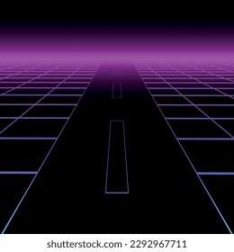 Vector abstract futuristic dark background with vision perspective. Retro design - fashion 80-90s. Gradient grid neon infinity surface with glowing effect
