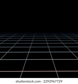 Vector abstracto de fondo oscuro futurista con perspectiva de visión. Diseño retro - moda 80-90. Superficie infinita de la cuadrícula de color