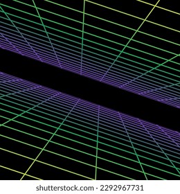 Vector abstract futuristic dark background with vision perspective. Retro design - fashion 80-90s. Color grid neon infinity surface